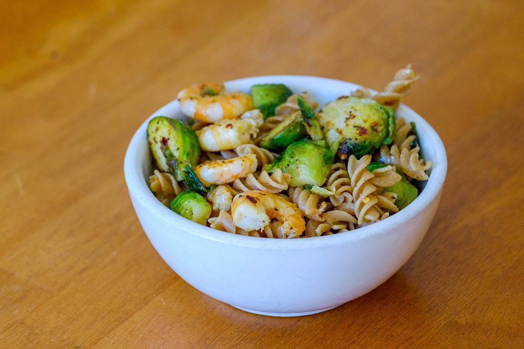 Brussels sprouts with shrimp and whole wheat pasta