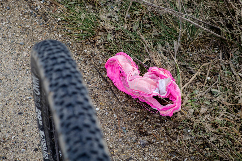Nano 29er tire with pink panties along road